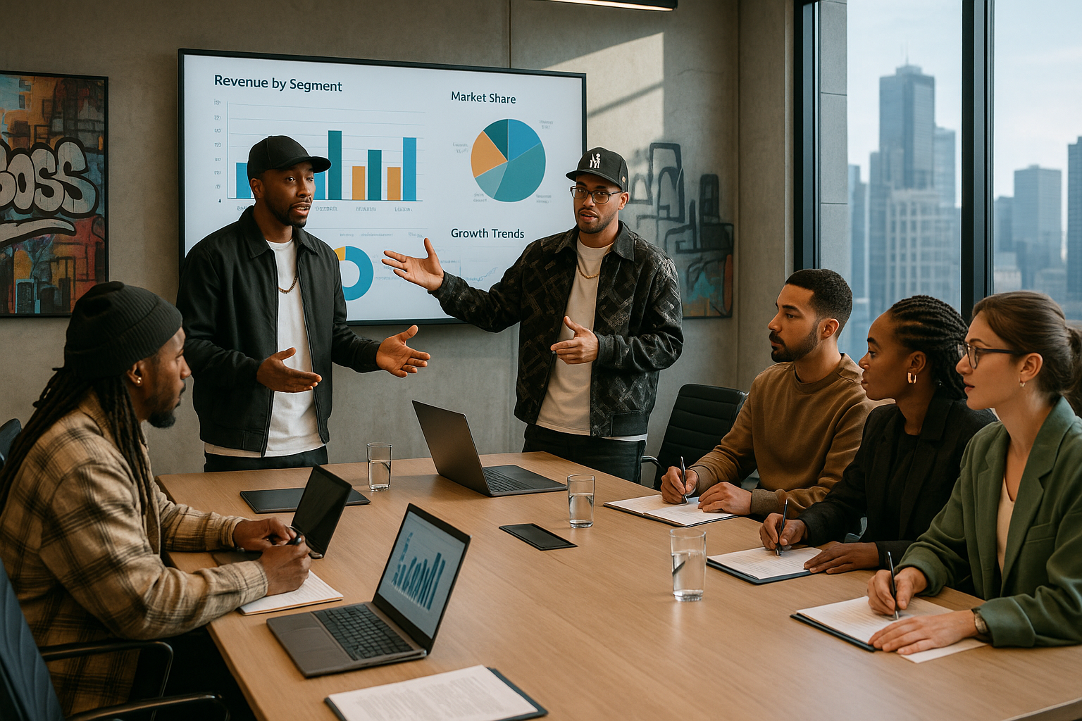 A meeting between hip hop business development consultants and their customers